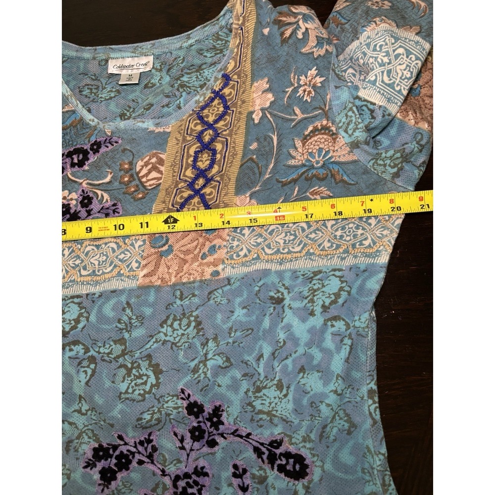 Vintage Grunge Y2K Textured Patchwork Lace Print 3/4 Sleeve Top Teal Tan M - Picture 5 of 12